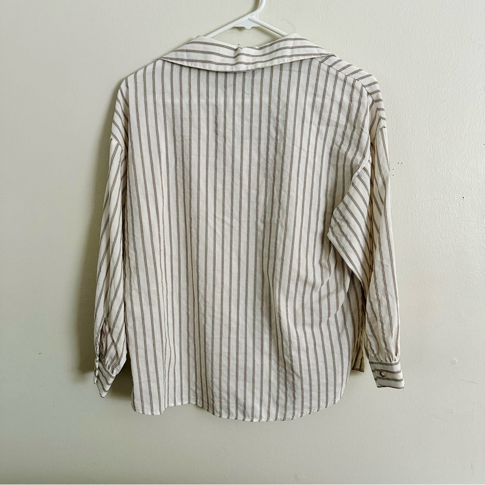 🥂SOLD🥂NWT Linen Blend ZARA Oversized White Striped Button Up Shirt w 3/4 Sleeves - Picture 4 of 7
